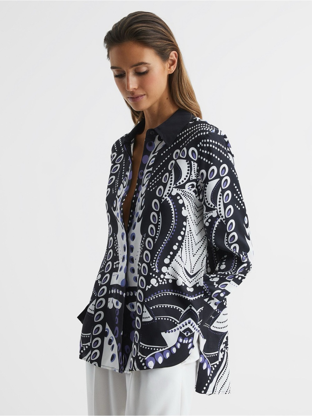 Reiss Rose Scarf Printed Shirt in Navy/White Size 4